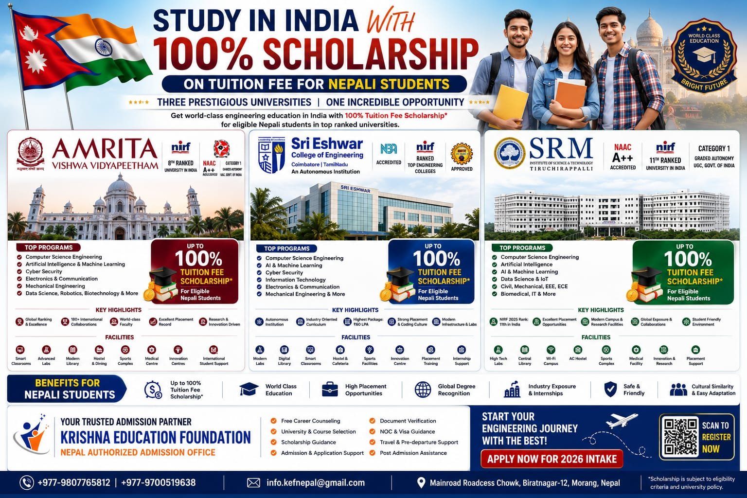 Study in India's Top Universities with 100% Tuition Fee Scholarship for Nepali Students (2026)